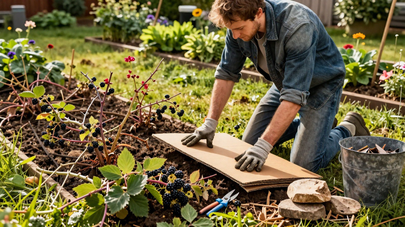 Man kneeling in a garden, placing cardboard mulch among blackberry plants and flowers on a sunny day.