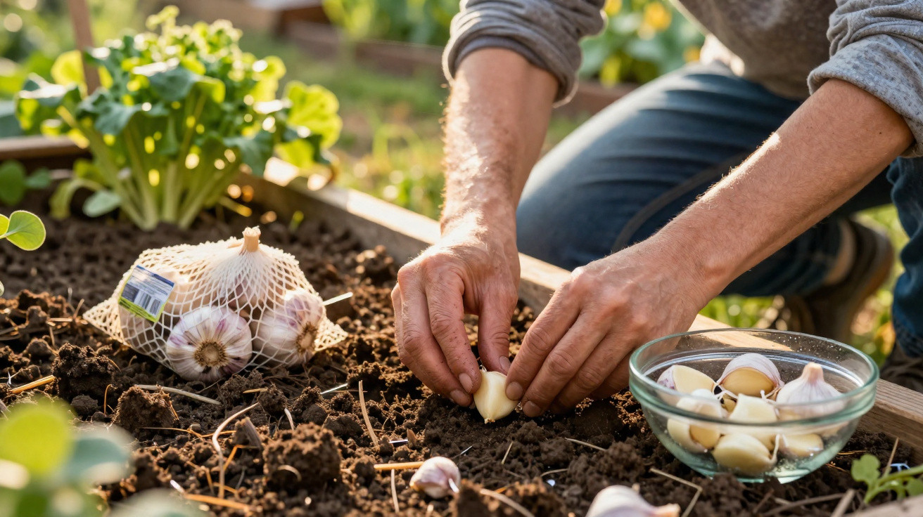 Person planting garlic cloves in soil in a garden bed with a netted bag of garlic nearby and a glass bowl of cloves.