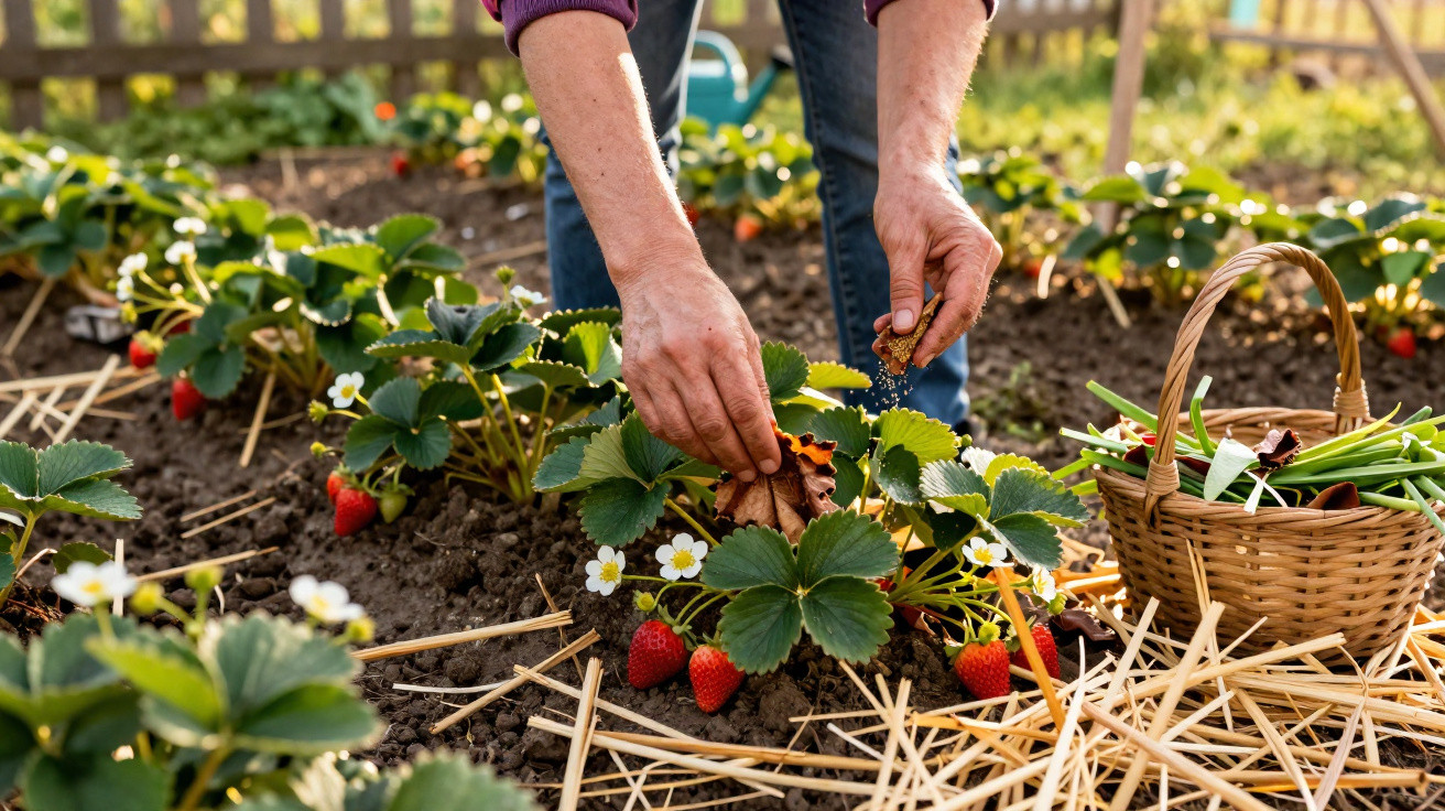 Person tending to ripe strawberries in a garden bed with a basket of harvested greens nearby.