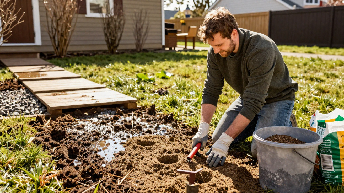 Man wearing gloves gardening in a backyard kneeling on soil with a gardening tool and a bucket nearby.