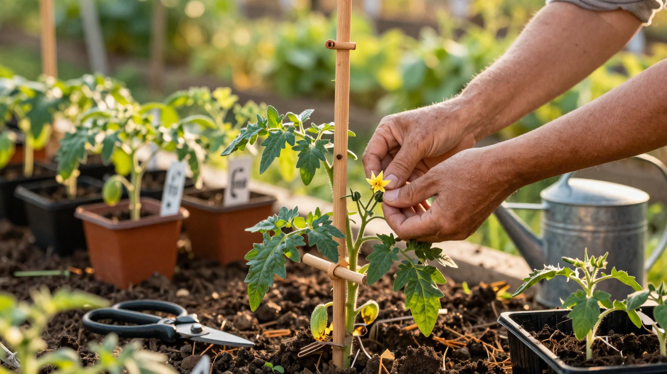 Hands tending a flowering tomato plant supported by a stake in a garden bed with watering can and scissors nearby.