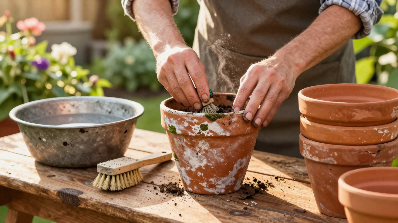 Person planting seeds in a weathered terracotta pot on a wooden table outdoors with gardening tools nearby.