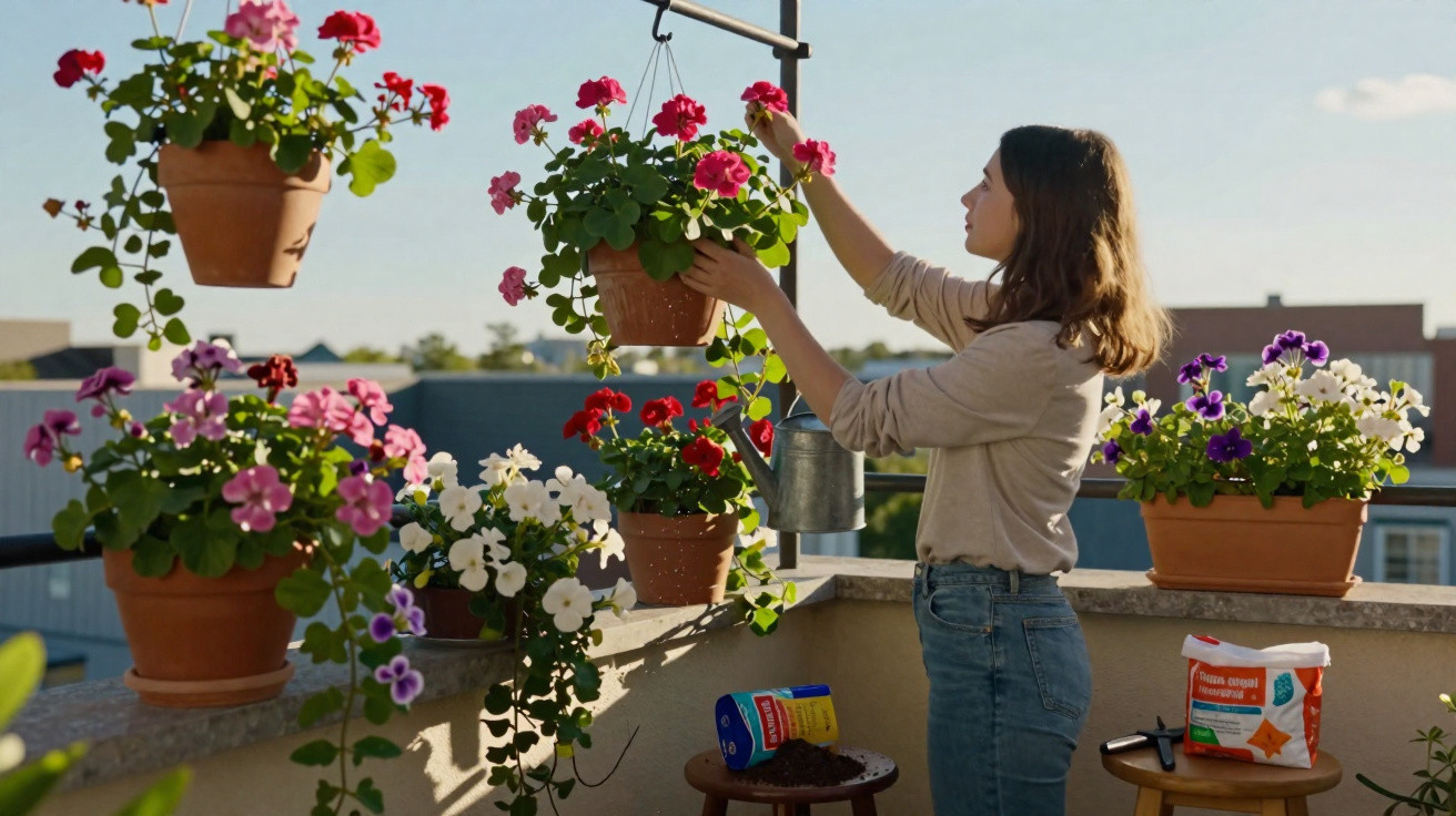 Woman tending to hanging and potted flowering plants on a sunny balcony garden.
