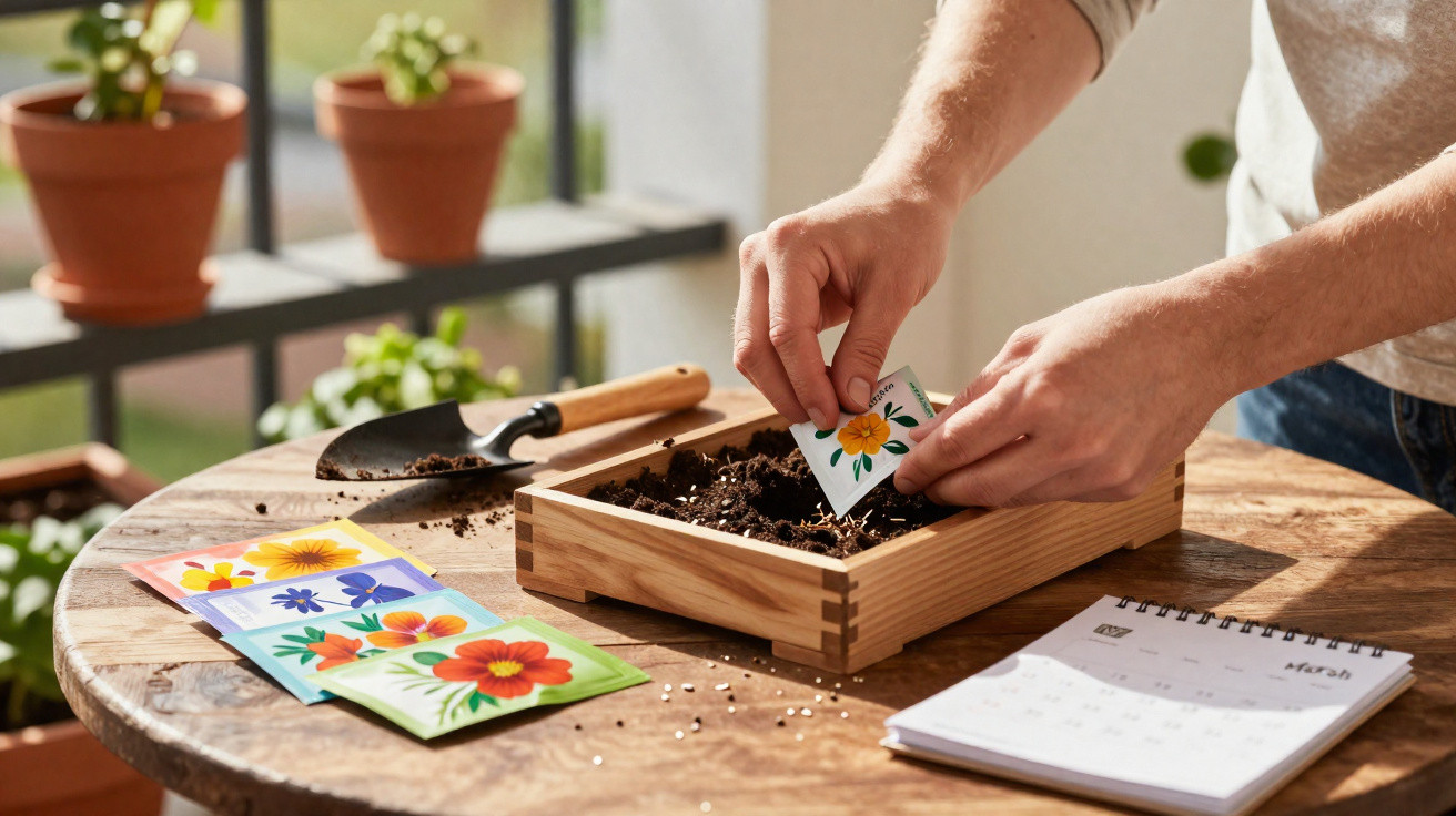 Person planting flower seeds in a wooden tray filled with soil on a round table beside seed packets and calendar.
