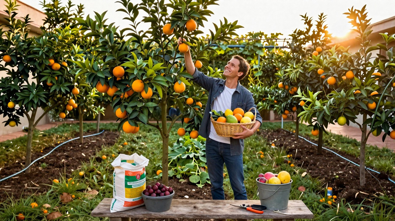 Man harvesting ripe oranges from trees in a sunny orchard, holding a basket full of fruit.