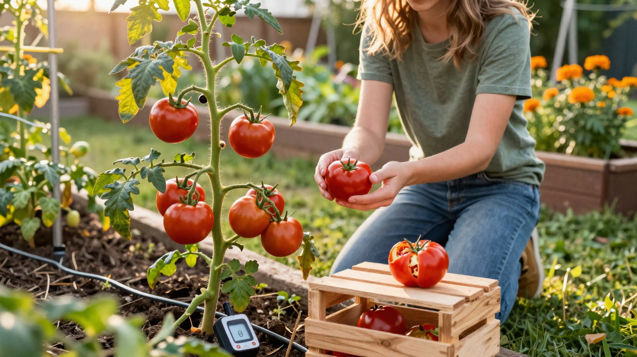 Person harvesting ripe tomatoes from a plant in a garden with a wooden crate on the ground.