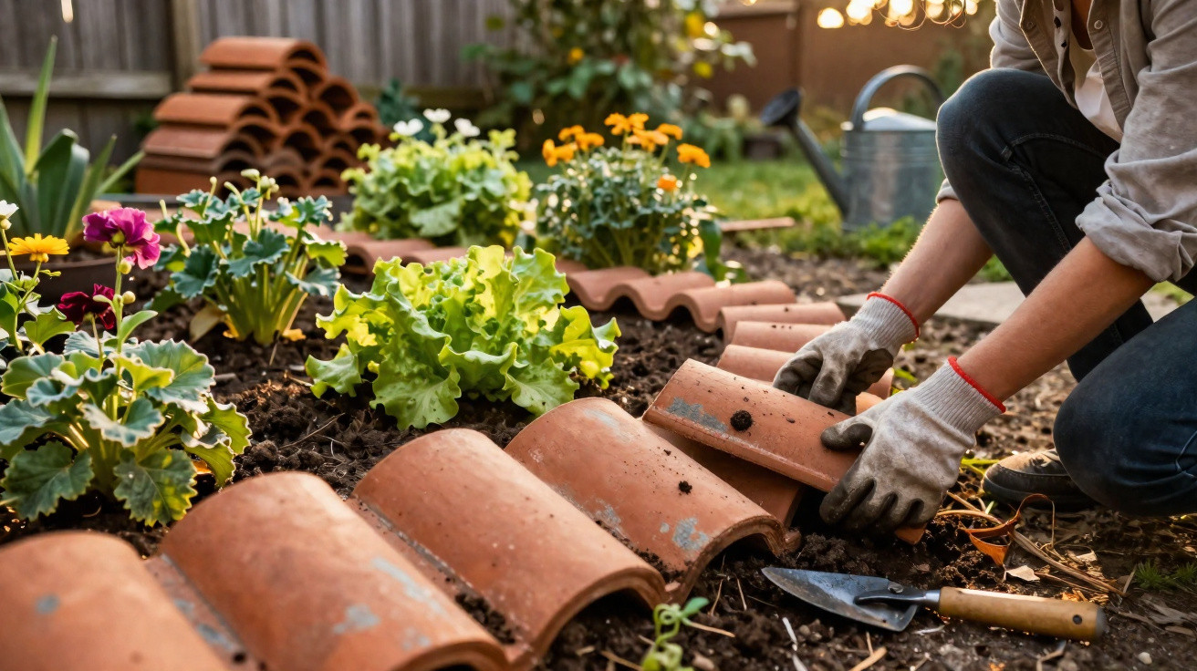 Person wearing gloves arranging curved terracotta tiles as garden edging around colourful flowers and plants.
