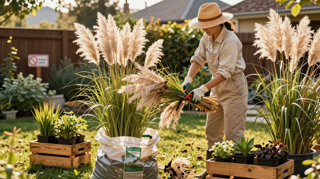 Person in a hat and gloves trimming pampas grass in a sunny garden with potted plants and wooden crates.