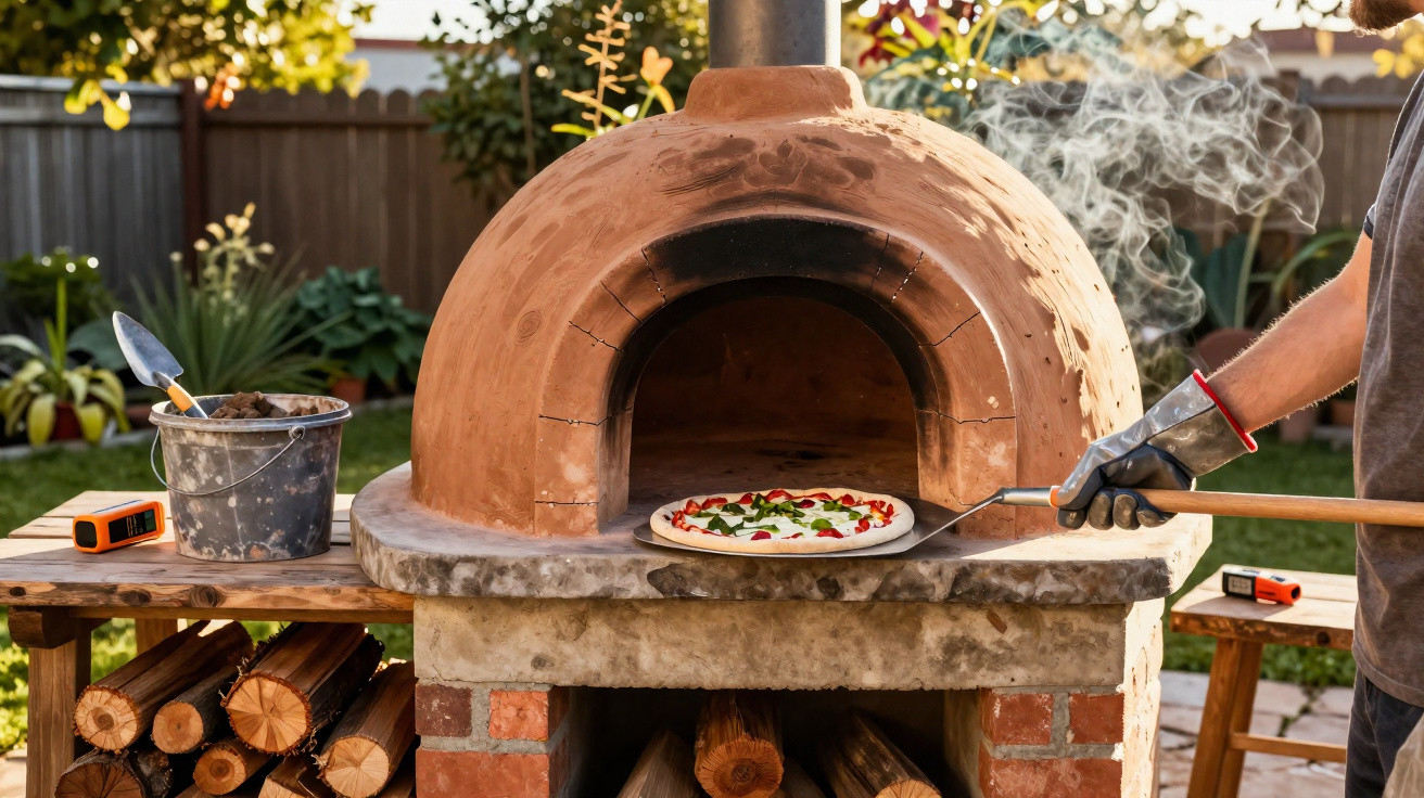 Person placing a fresh pizza with basil leaves into a smoking outdoor wood-fired clay oven in a garden.