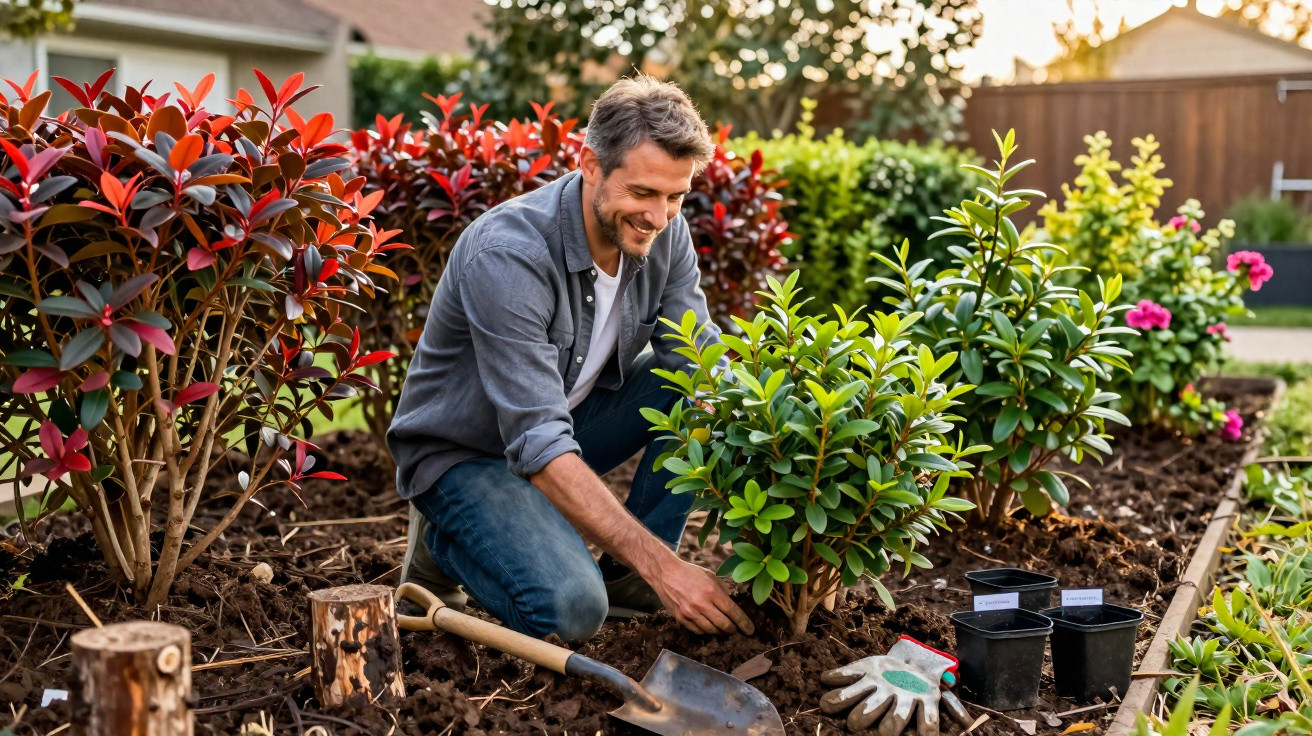 Man kneeling and planting shrubs in a sunlit garden bed, surrounded by gardening tools and plants.