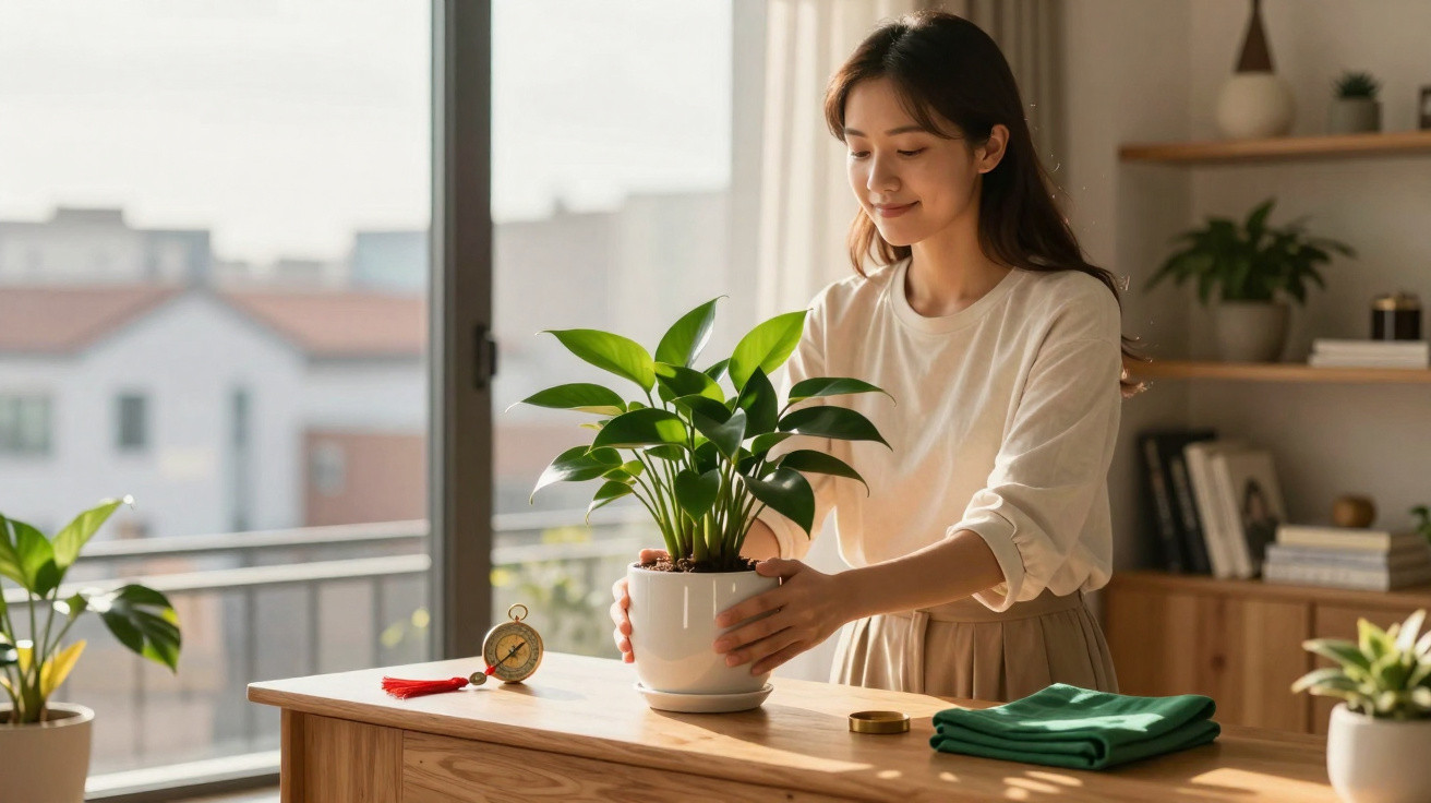 Young woman arranging a potted green plant on a wooden table in a sunlit room with shelves and books.