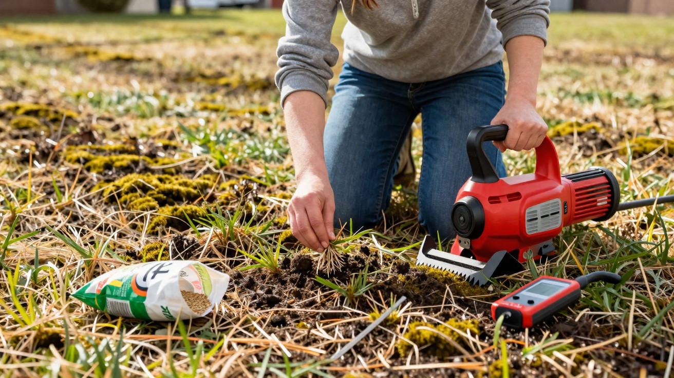 Person kneeling on soil using an electric weeder to remove weeds from a garden bed.