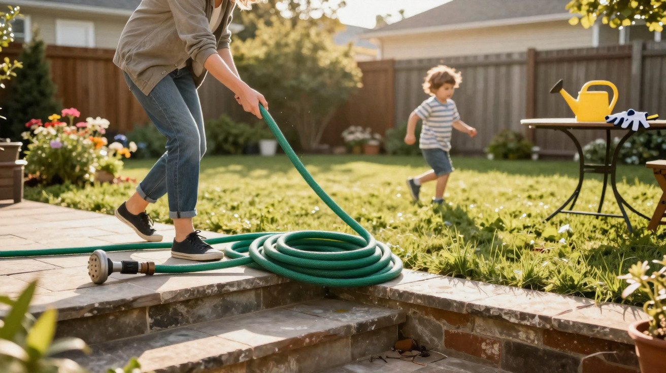 Person coiling garden hose on patio with young child walking on grass in sunny backyard with flowers and watering can nearby