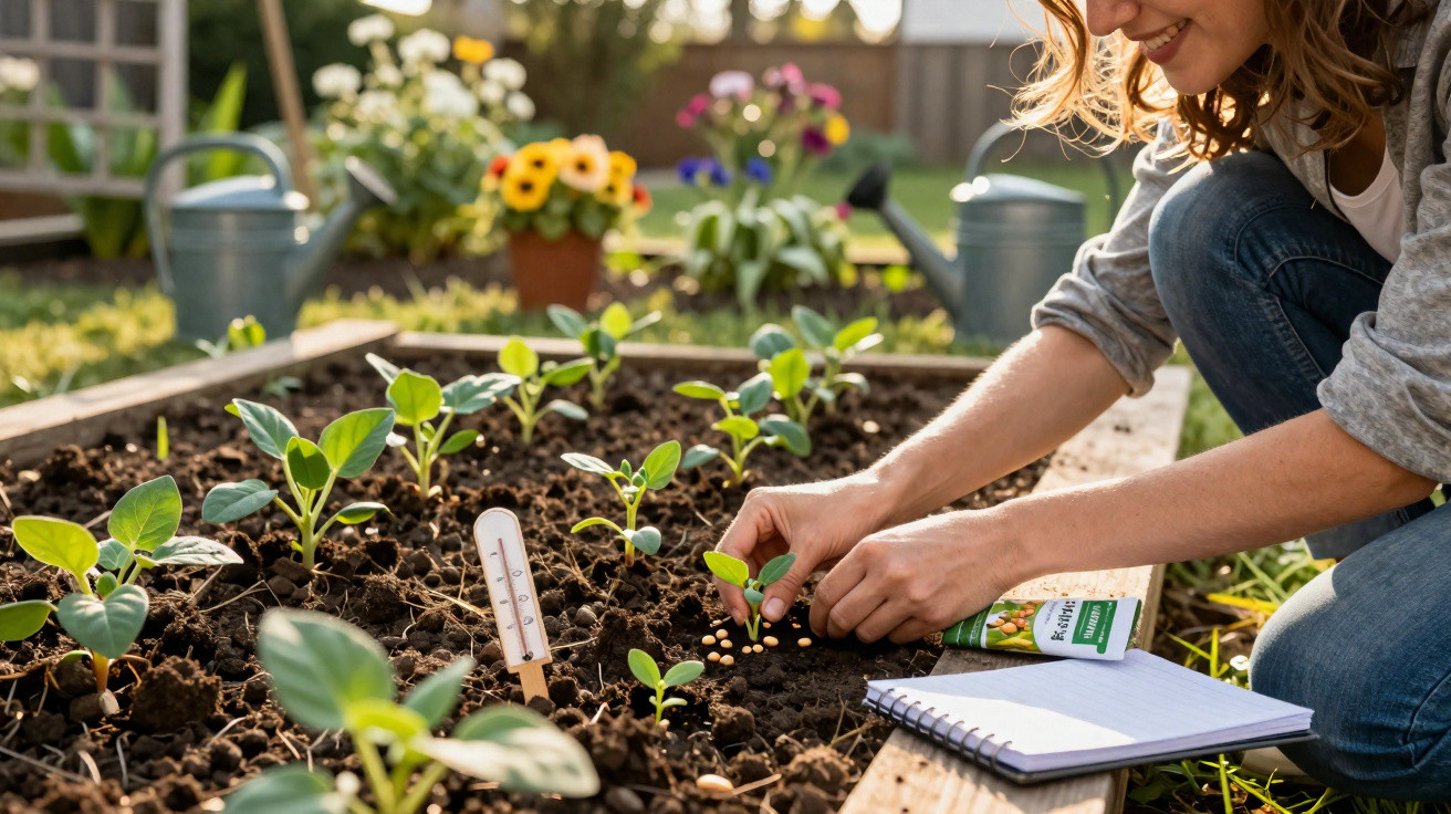 Person planting seedlings in raised garden bed with gardening tools and notebook nearby outdoors.
