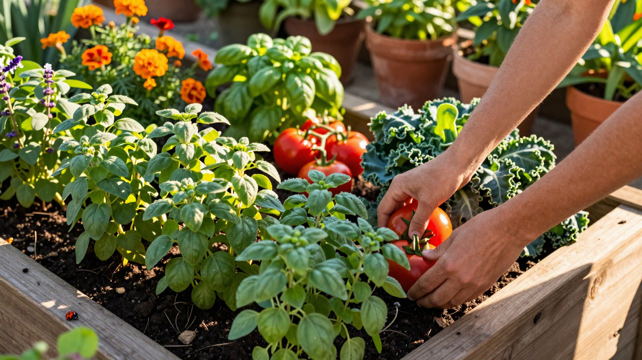 Hands harvesting ripe red tomatoes from a raised garden bed with herbs and flowers in sunlight.