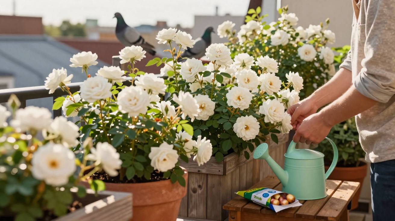 Person watering white roses in pots on a balcony with birds perched on the railing in sunlight