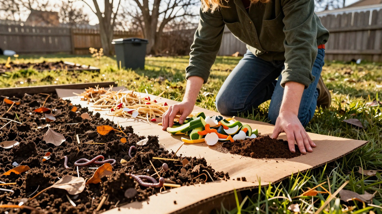 Person kneeling outdoors placing soil and vegetable scraps on cardboard over grass beside a soil bed with worms and leaves.