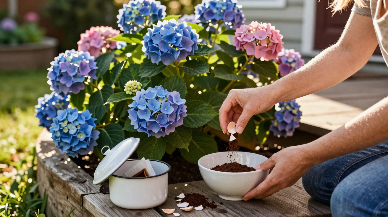 Person adding crushed eggshells to a bowl of soil next to blooming blue and pink hydrangeas in a garden.