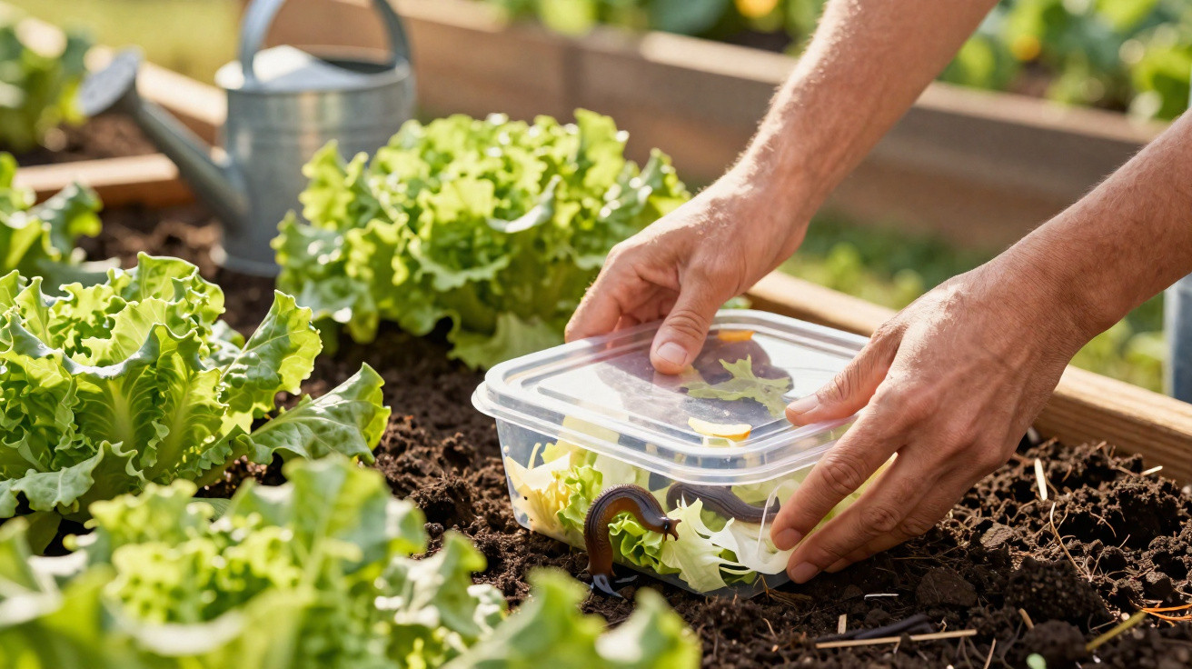 Hands placing a plastic container with a large slug and lettuce on soil in a garden bed with lettuce plants.