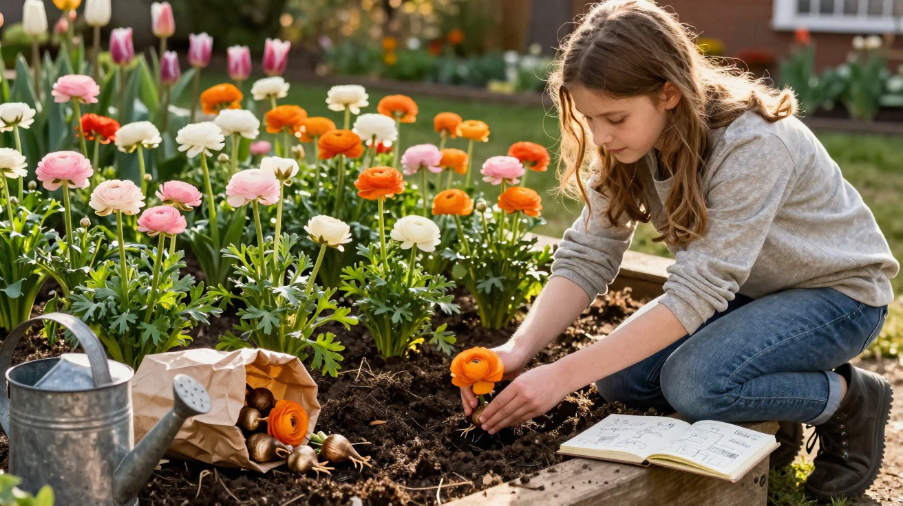 Girl planting orange flowers in a garden bed with gardening tools and a notebook beside her.