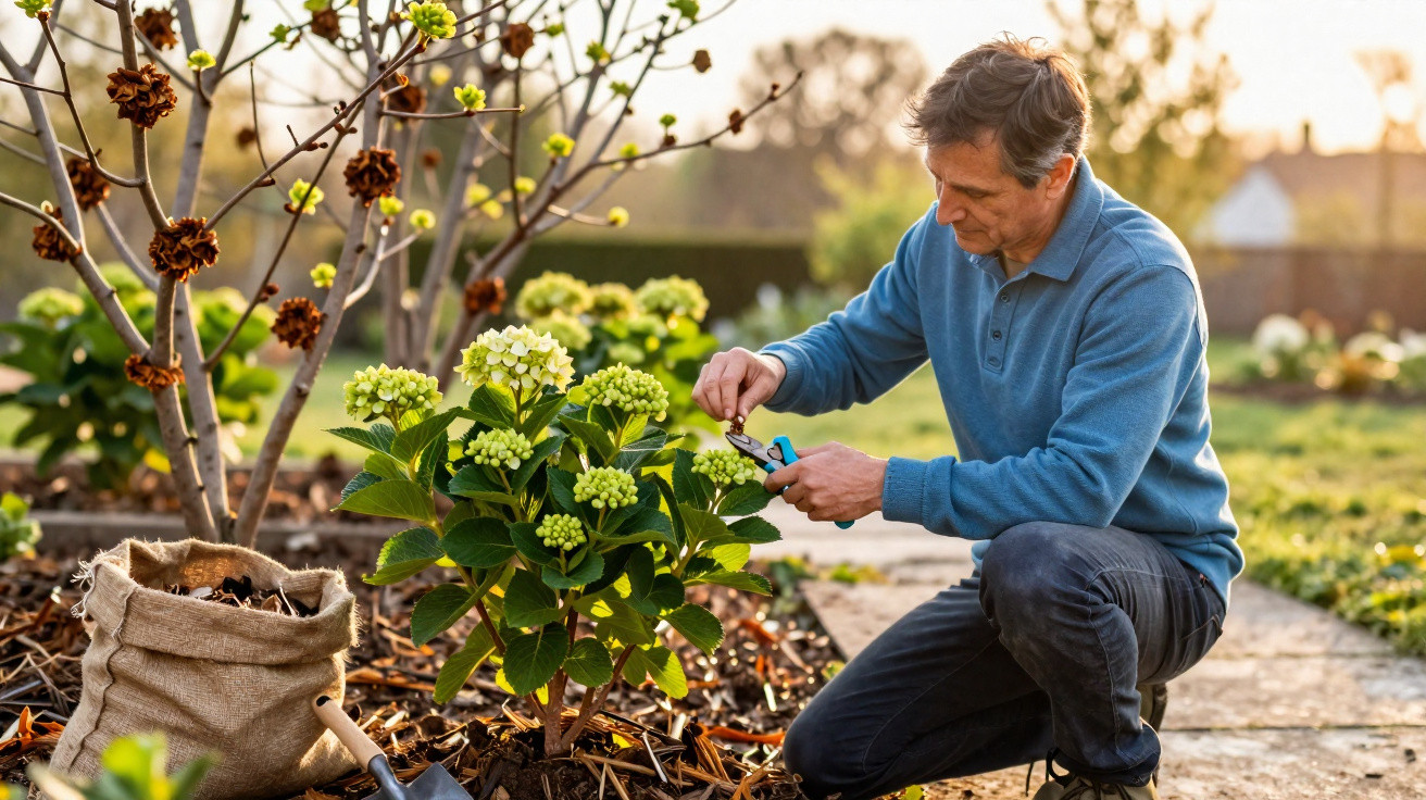 Man pruning hydrangea plant in garden during golden hour with gardening tools nearby