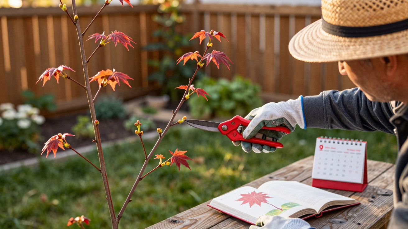 Person in a straw hat pruning a young maple tree branch with red leaves in a garden during daylight.