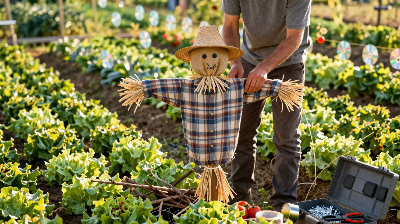 Person setting up a straw scarecrow wearing a checked shirt and hat in a vegetable garden.