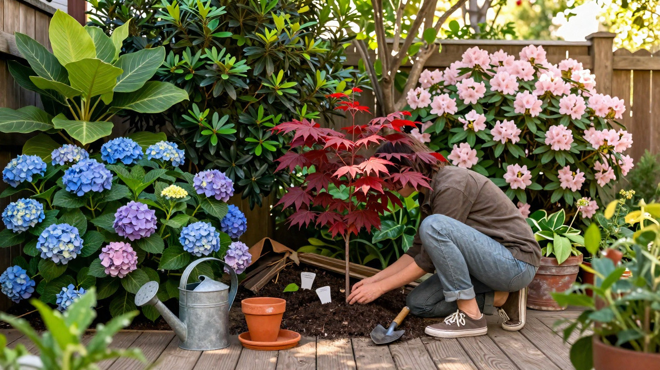 Person kneeling on wooden deck planting a young red maple tree among colourful flowers and gardening tools.