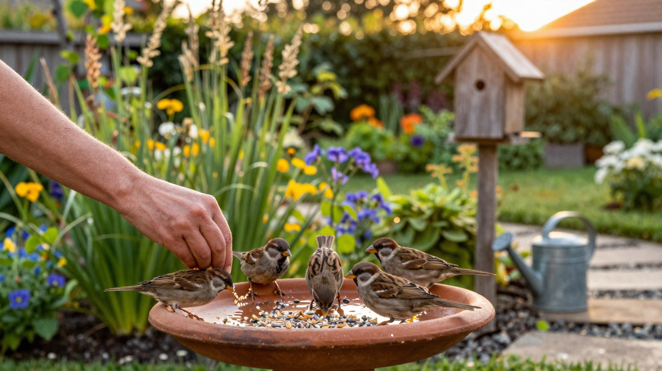 Hand feeding sparrows on a birdbath in a colourful garden at sunset with flowers and a birdhouse nearby.