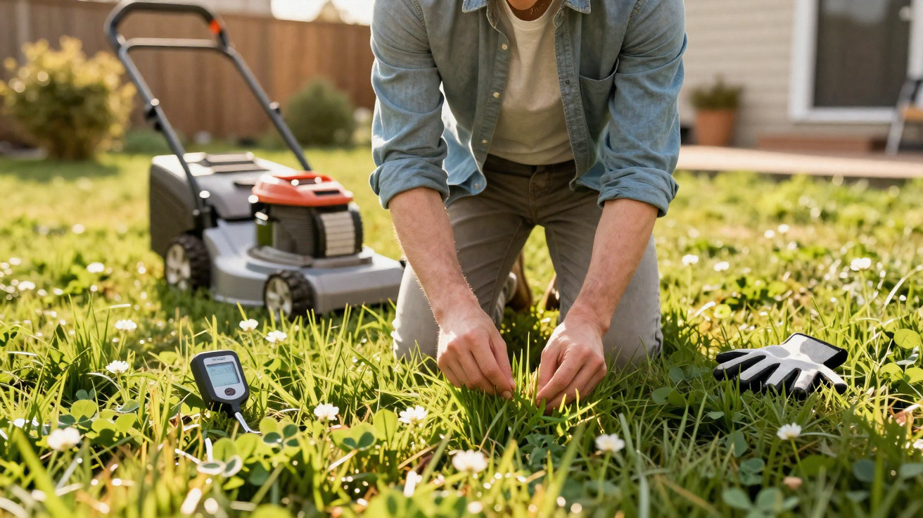 Person kneeling on grass, pulling weeds in a garden with a lawnmower and gloves nearby in the background