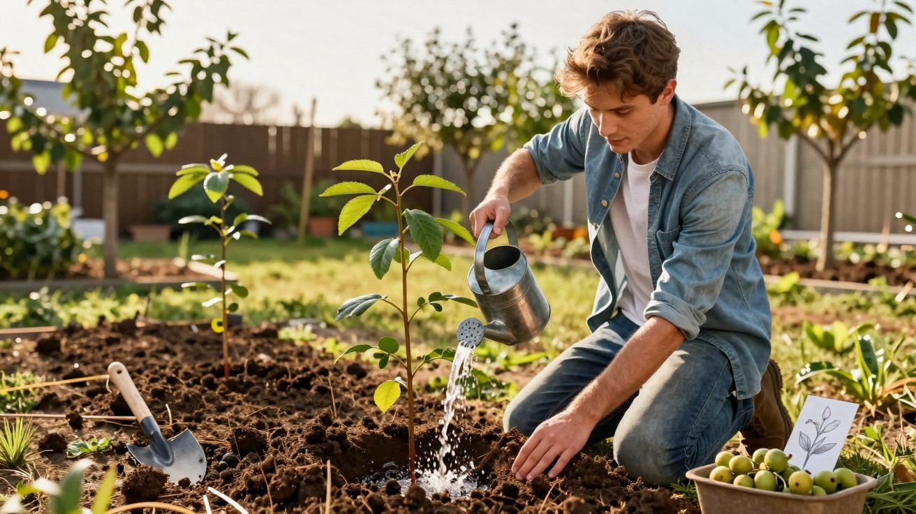 Young man watering a small tree in a garden on a sunny day.