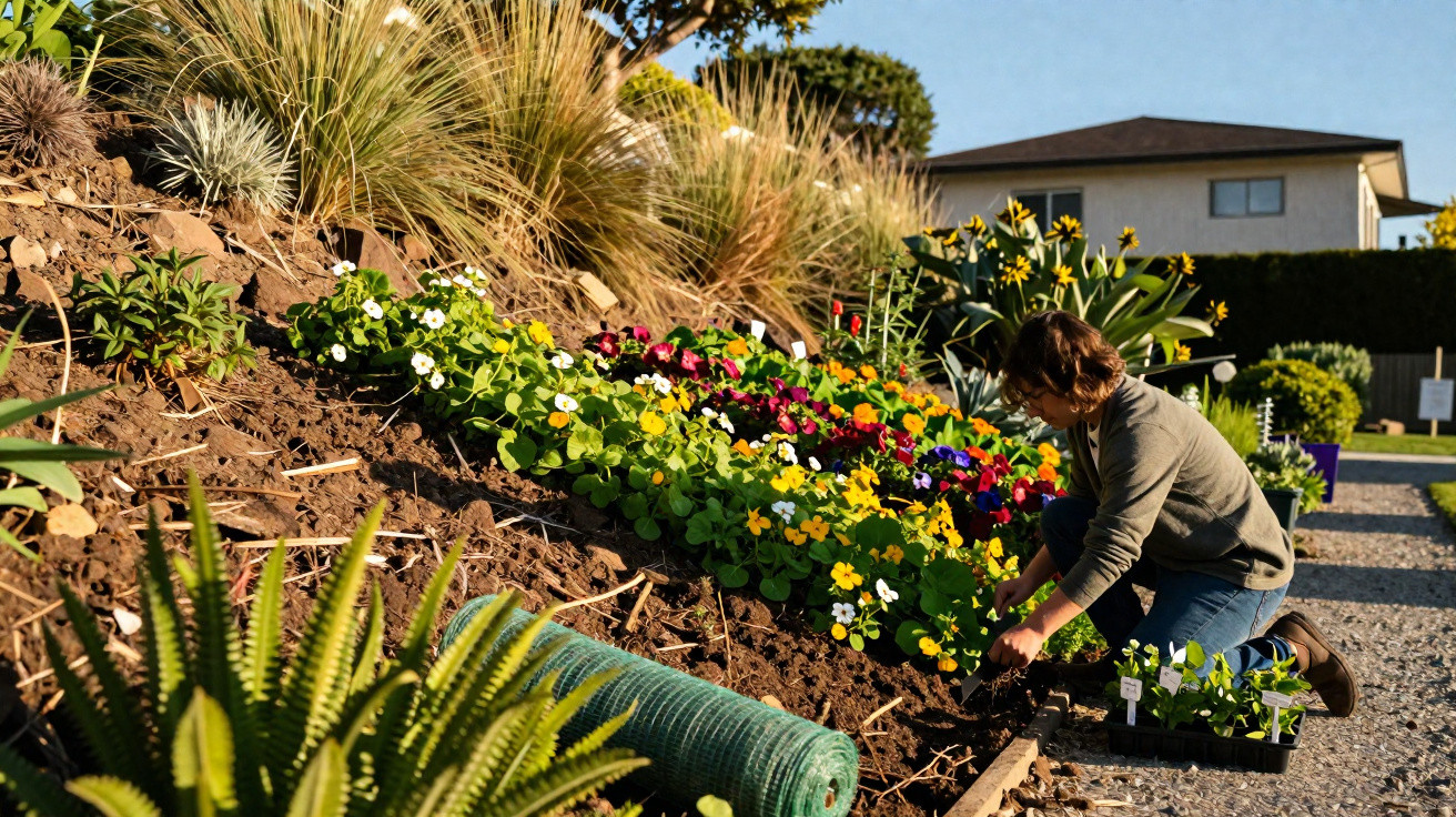 Person planting colourful flowers in a garden bed on a sunny day near residential houses.
