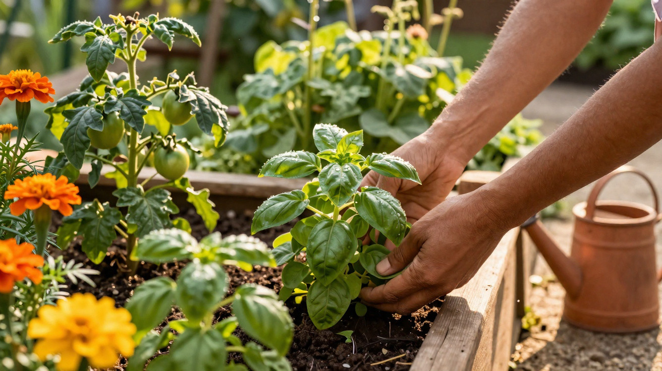 Hands tending to a basil plant in a raised garden bed with tomatoes and marigolds nearby.