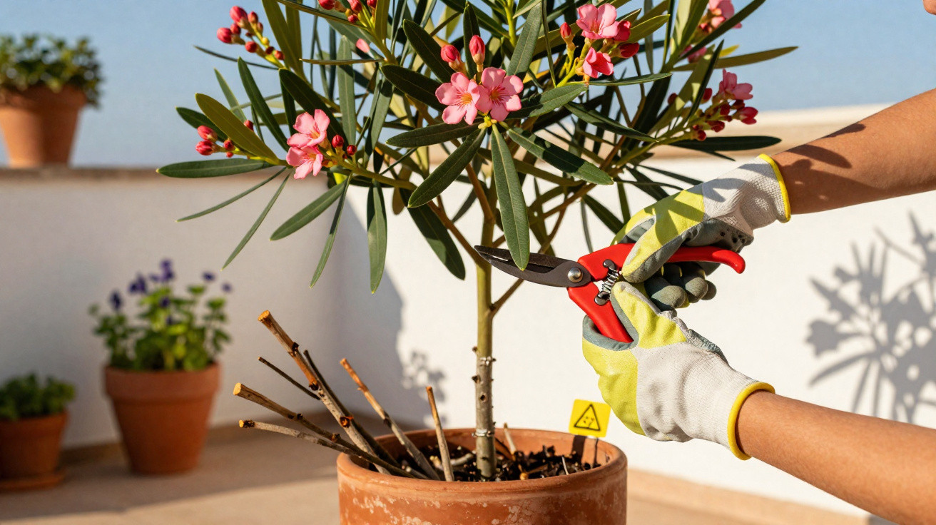 Hands in gardening gloves pruning pink flowering plant in terracotta pot on sunlit balcony or terrace