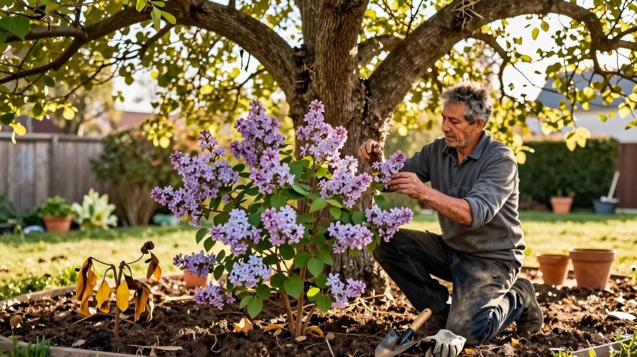 Man kneeling and tending to a lilac bush in a garden under a large tree on a sunny day.