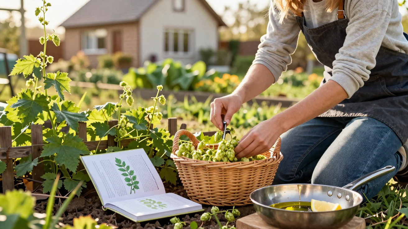 Person in an apron harvesting fresh hops in a garden with a basket, book, and pan of oil nearby.
