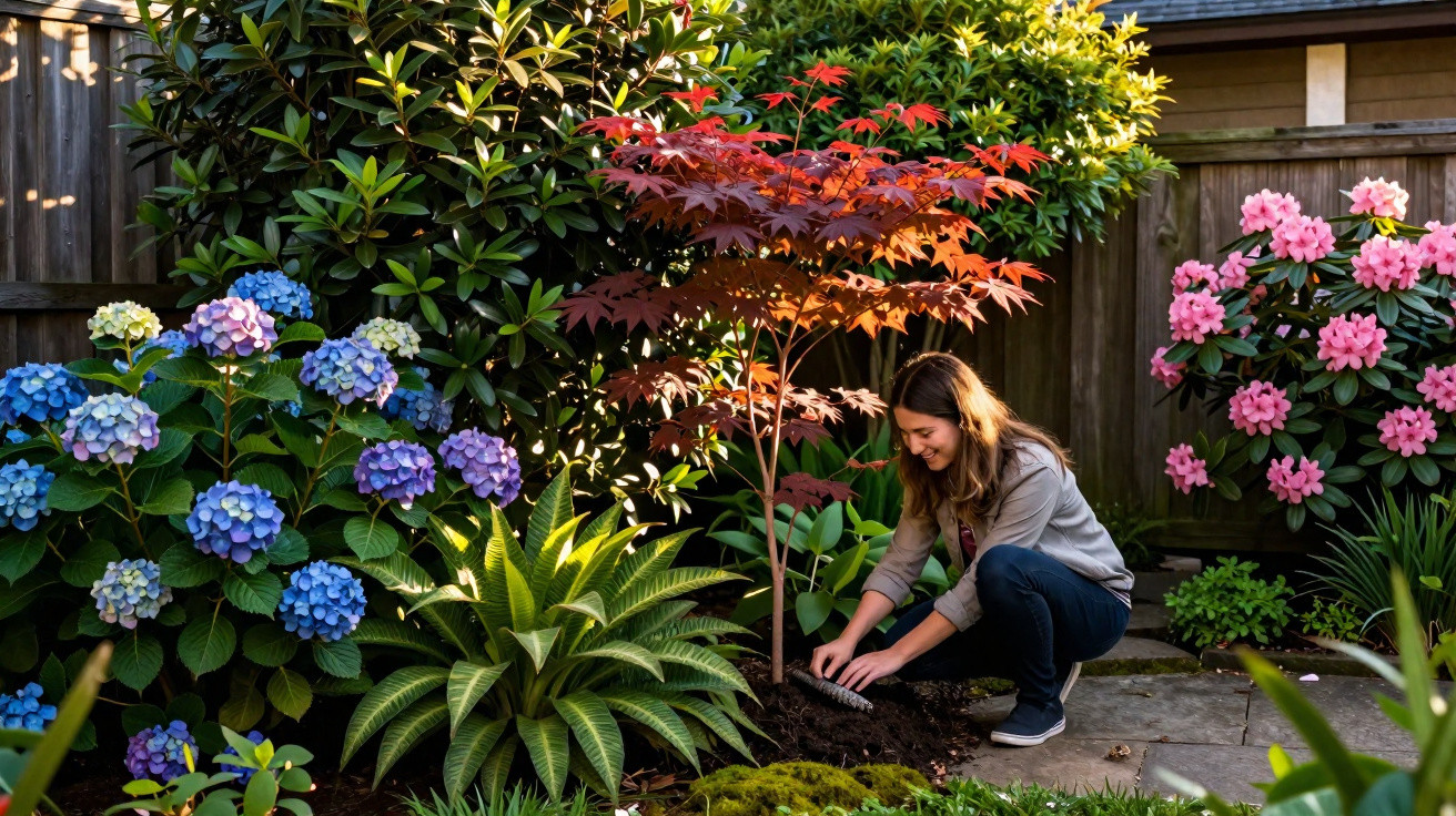 Woman planting a small red-leafed tree in a colourful garden with blue and pink flowers.