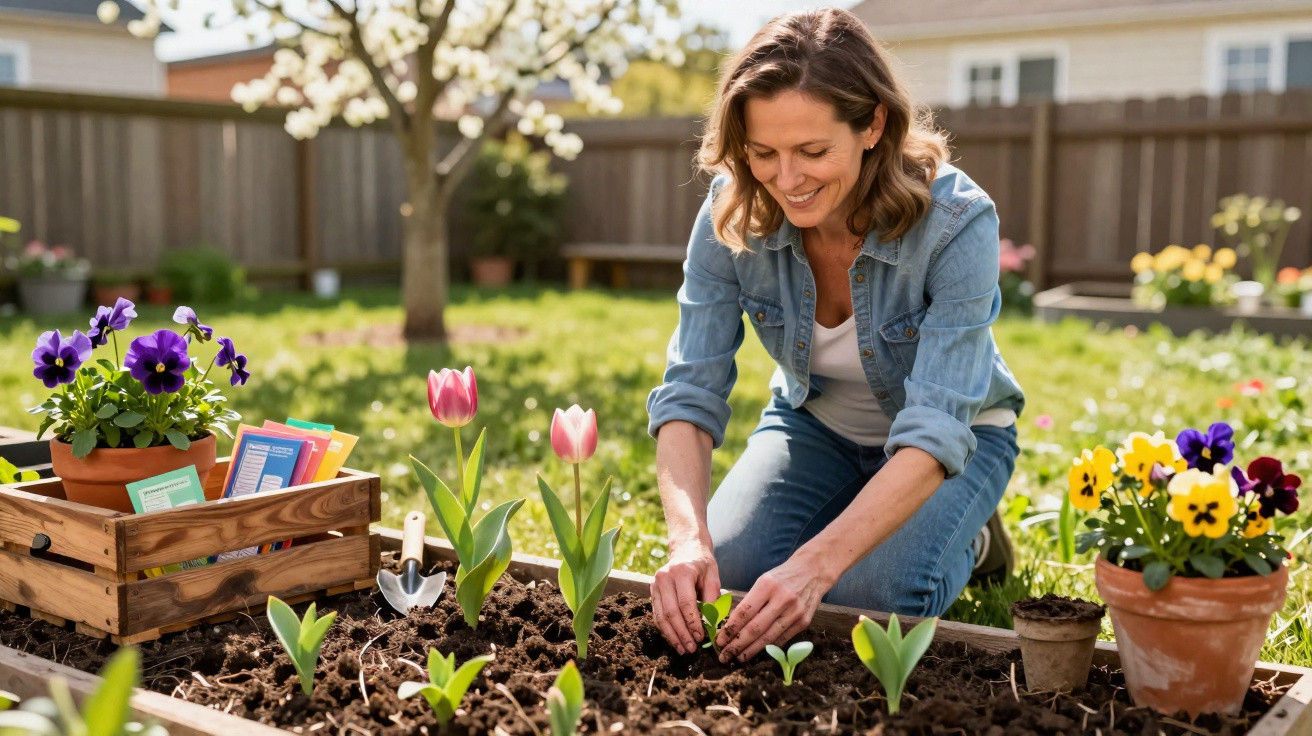 Woman planting seedlings in a garden bed surrounded by potted flowers on a sunny day.