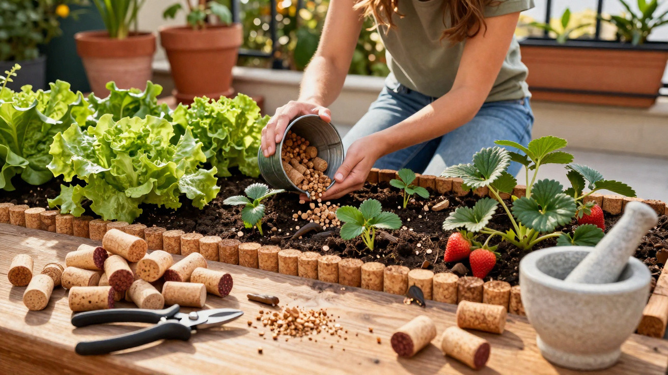Person spreading fertiliser pellets on strawberry plants in a garden bed with lettuce and gardening tools nearby.