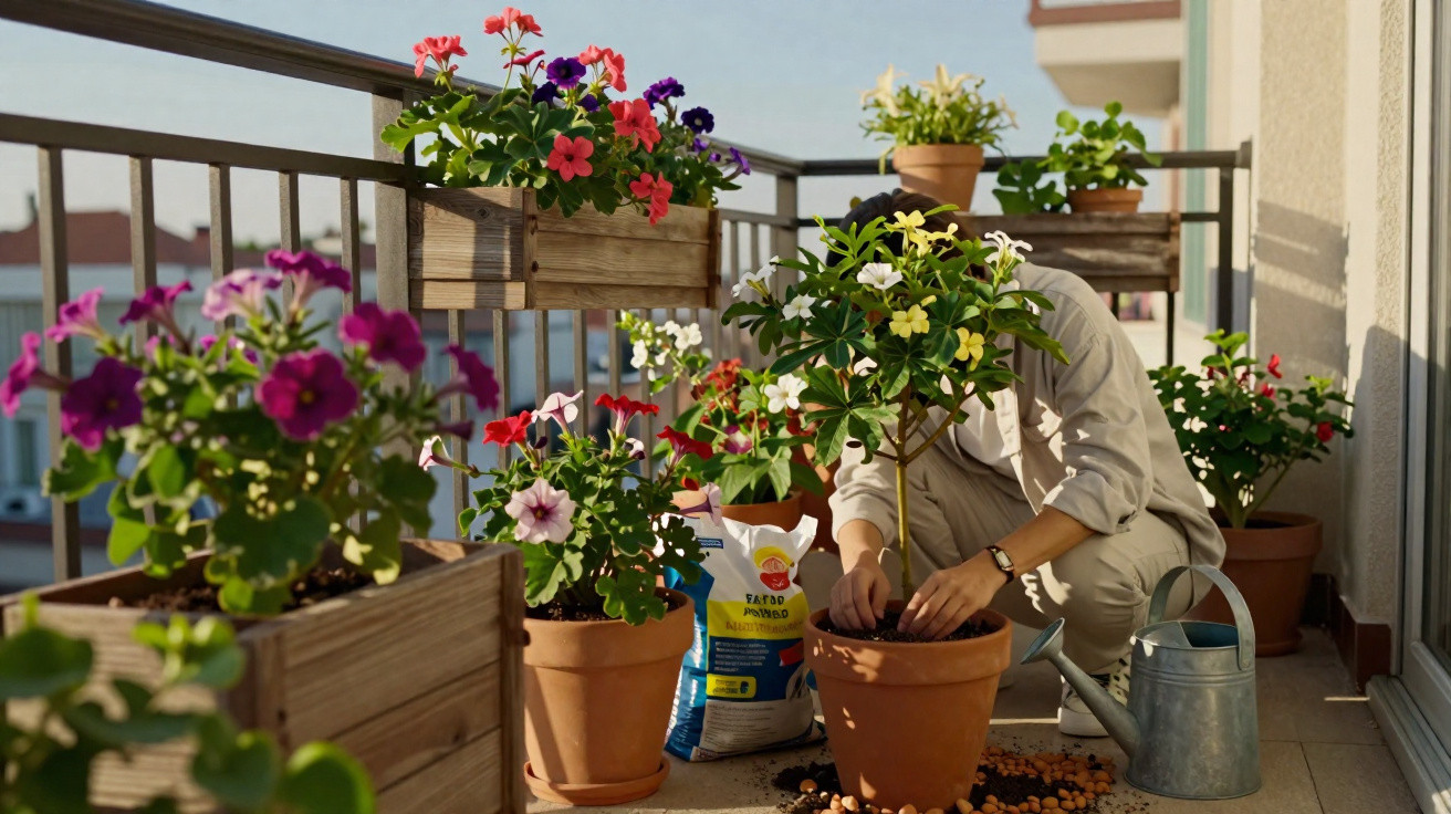 Person gardening potted flowering plants on a sunny balcony with watering can and fertiliser bag nearby.
