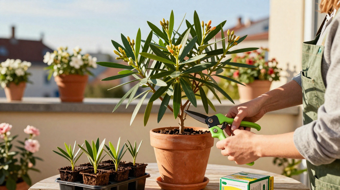 Person pruning a potted plant with green-handled shears on a sunny outdoor patio with other plants nearby.