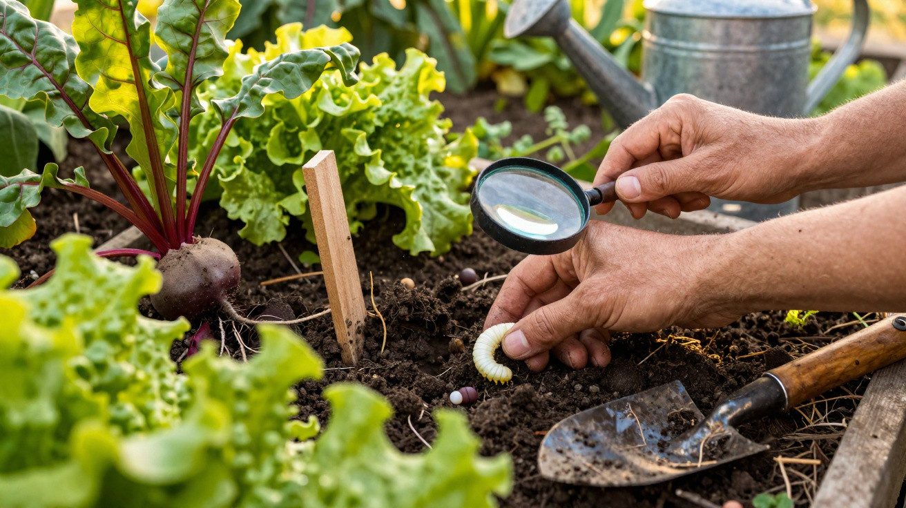 Hands holding a grub and magnifying glass in a vegetable garden bed with lettuce and beetroot.