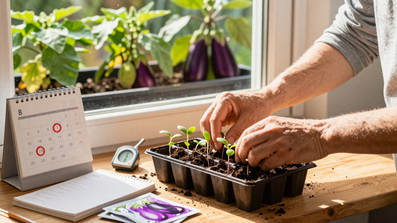 Hands tending to seedlings in a tray on a sunny windowsill with a calendar, seed packets, and a thermometer.