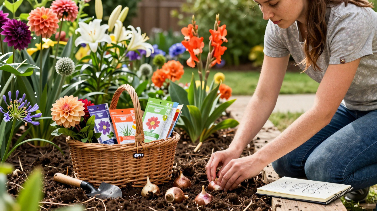 Woman planting flower bulbs in soil beside a basket of seed packets and a gardening notebook in a colourful garden.