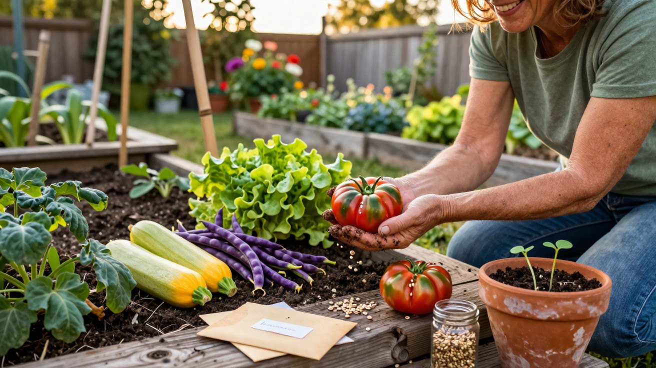 Person harvesting ripe tomatoes in a raised vegetable garden bed with other fresh vegetables and seeds nearby.