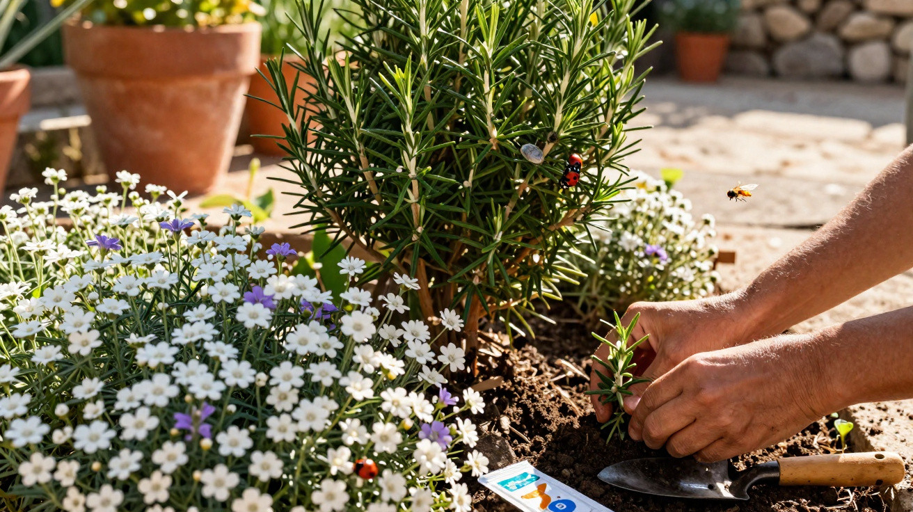 Hands planting a small herb in soil surrounded by flowers, a bee in flight, and garden tools nearby.