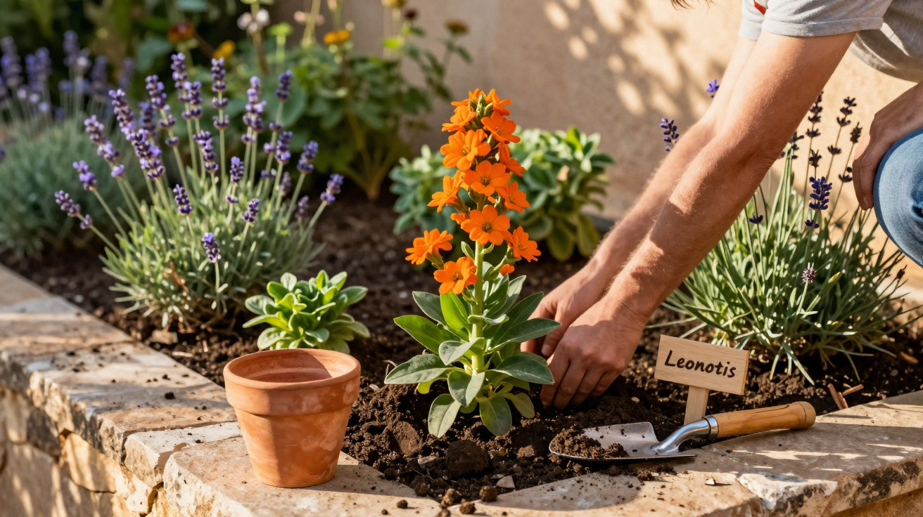 Person planting an orange Leonotis flower in a garden bed with lavender and a terracotta pot nearby.