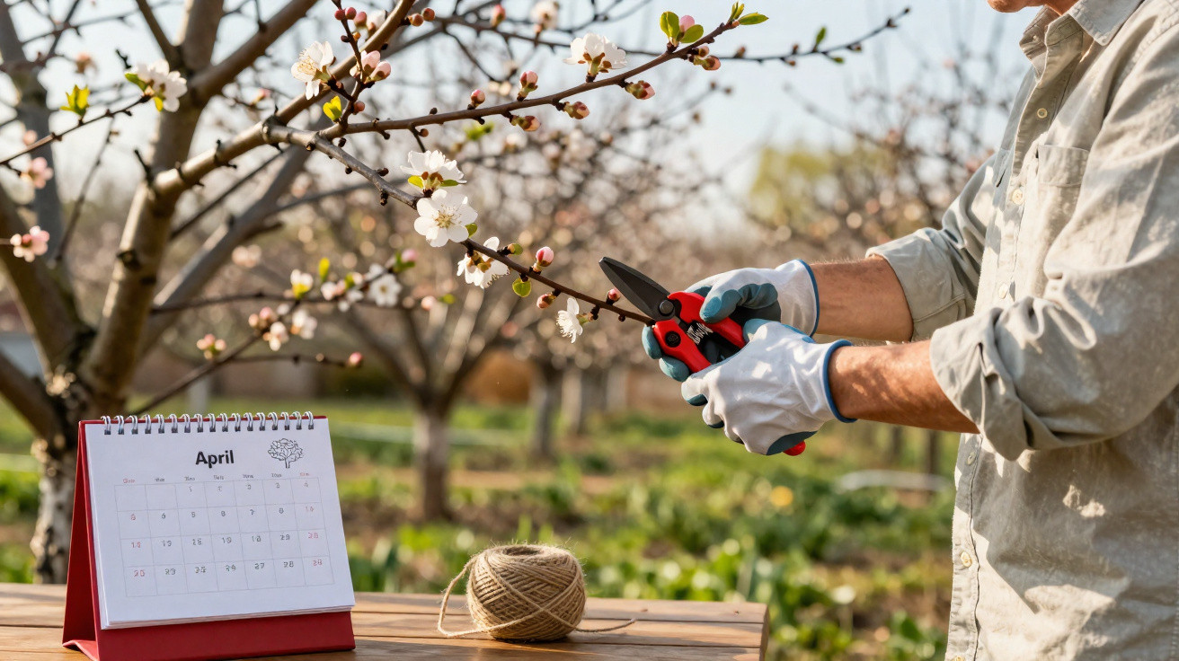 Person wearing gloves pruning a blossoming tree branch with shears in an orchard in April.