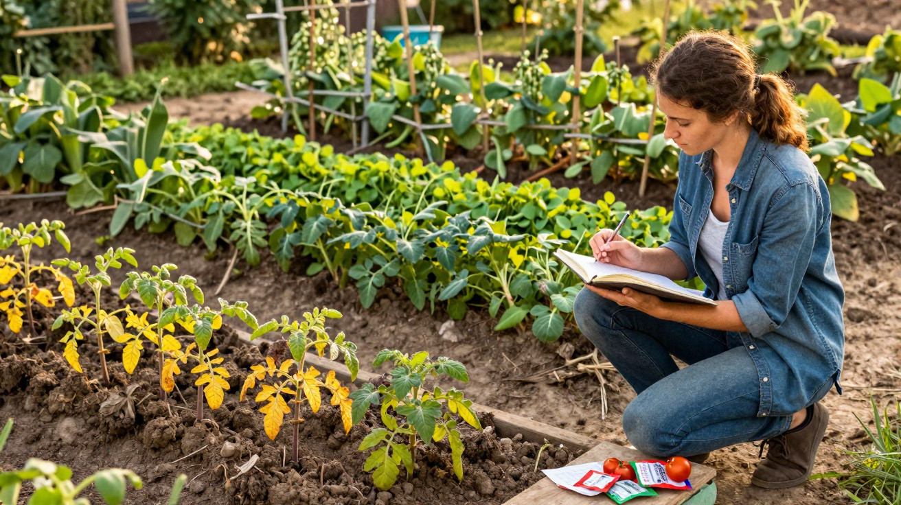 Woman kneeling in a vegetable garden taking notes beside young plants and seed packets on a wooden board.