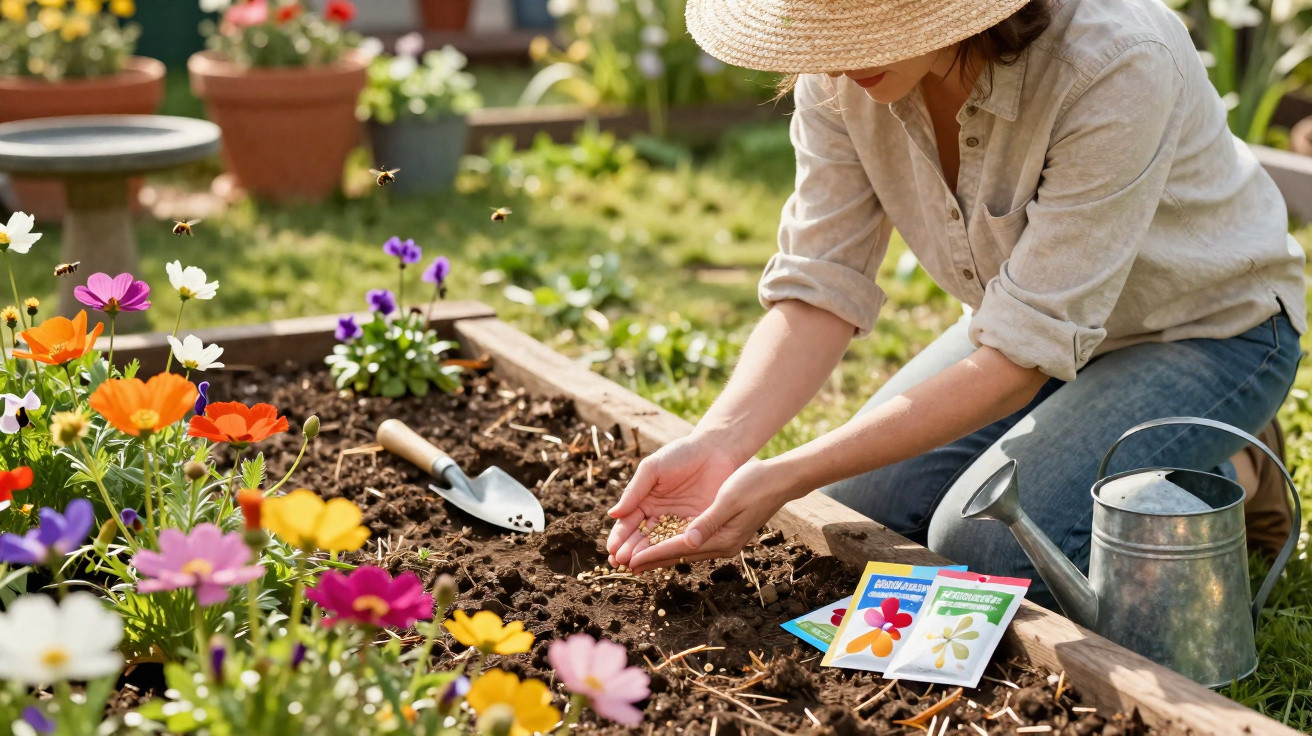 Person wearing a straw hat planting seeds in a garden bed surrounded by colourful flowers and gardening tools.